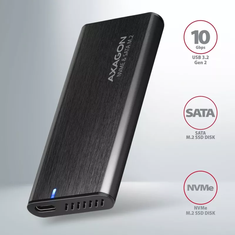 Axagon EEM2-SB2 Externé USB-C 3.2 Gen 2 kovové puzdro pre M.2 NVMe & SATA SSD disky. Bez skrutiek