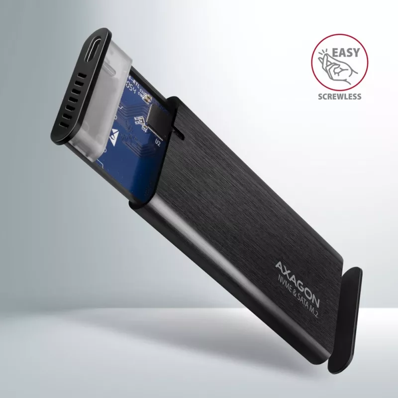 Axagon EEM2-SB2 Externé USB-C 3.2 Gen 2 kovové puzdro pre M.2 NVMe & SATA SSD disky. Bez skrutiek