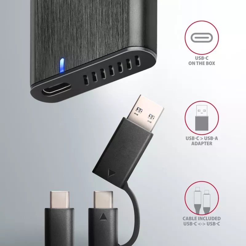 Axagon EEM2-SB2 Externé USB-C 3.2 Gen 2 kovové puzdro pre M.2 NVMe & SATA SSD disky. Bez skrutiek