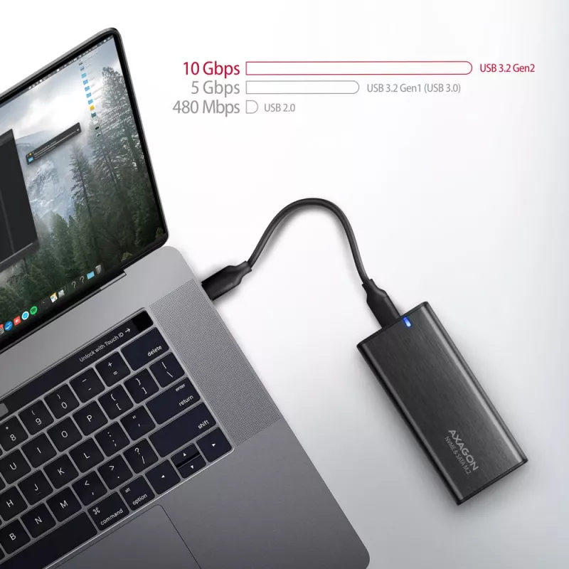 Axagon EEM2-SB2 Externé USB-C 3.2 Gen 2 kovové puzdro pre M.2 NVMe & SATA SSD disky. Bez skrutiek
