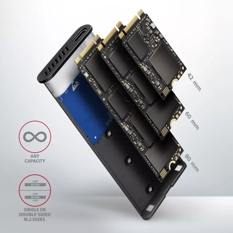 Axagon EEM2-SB2 Externé USB-C 3.2 Gen 2 kovové puzdro pre M.2 NVMe & SATA SSD disky. Bez skrutiek