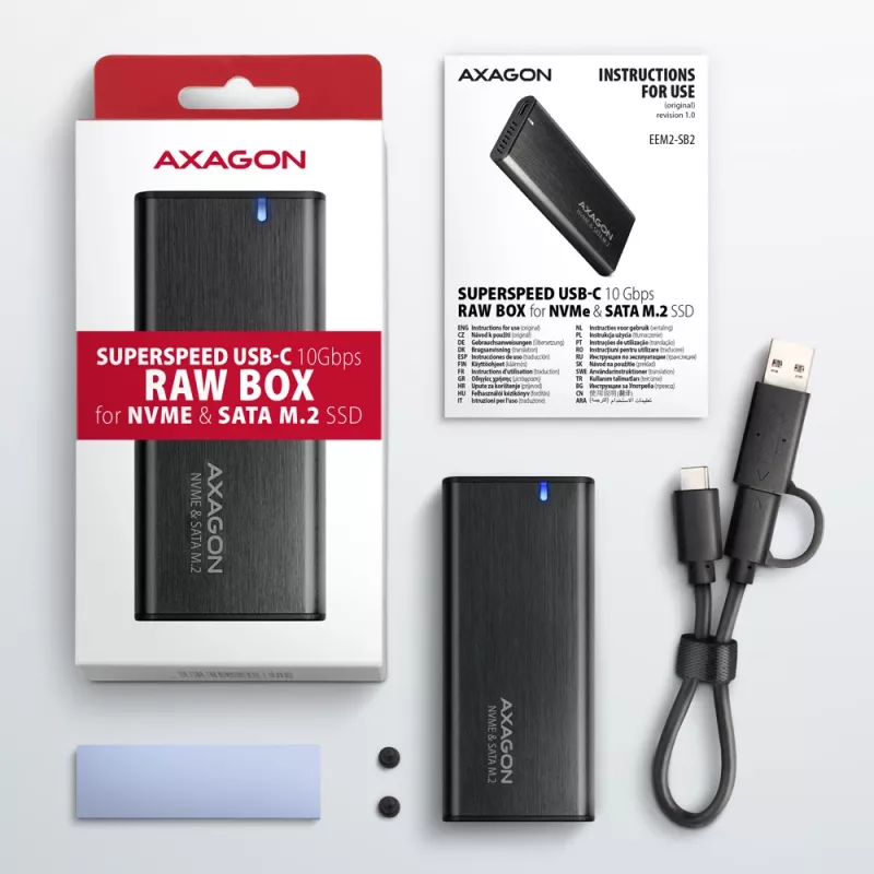 Axagon EEM2-SB2 Externé USB-C 3.2 Gen 2 kovové puzdro pre M.2 NVMe & SATA SSD disky. Bez skrutiek