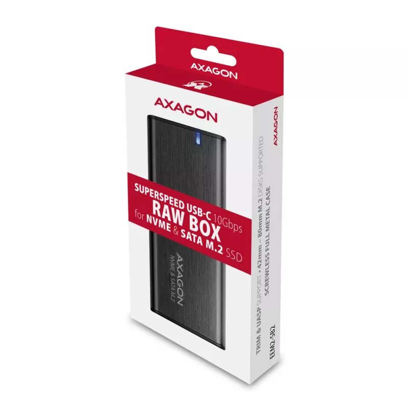 Axagon EEM2-SB2 Externé USB-C 3.2 Gen 2 kovové puzdro pre M.2 NVMe & SATA SSD disky. Bez skrutiek
