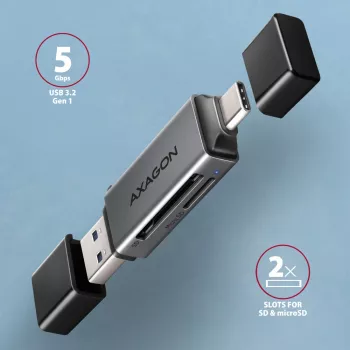 Axagon CRE-DAC USB-C+ USB-A 5 Gbps MINI 2-slot & LUN SD/microSD čítačka kariet USB 3.0 Type-A/Type-C sivá