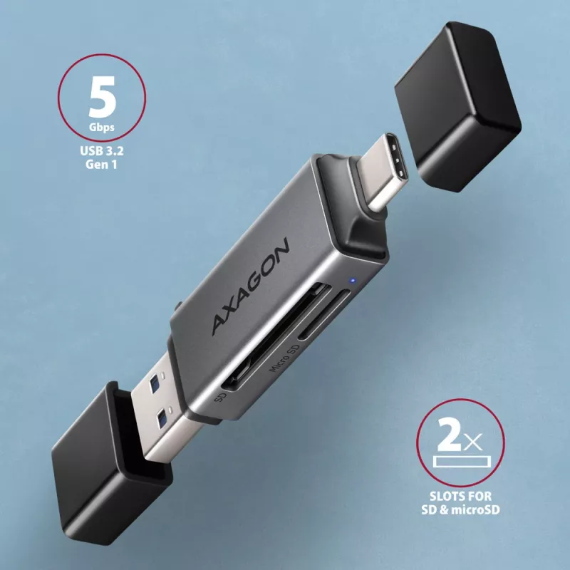 Axagon CRE-DAC USB-C+ USB-A 5 Gbps MINI 2-slot & LUN SD/microSD čítačka kariet USB 3.0 Type-A/Type-C sivá