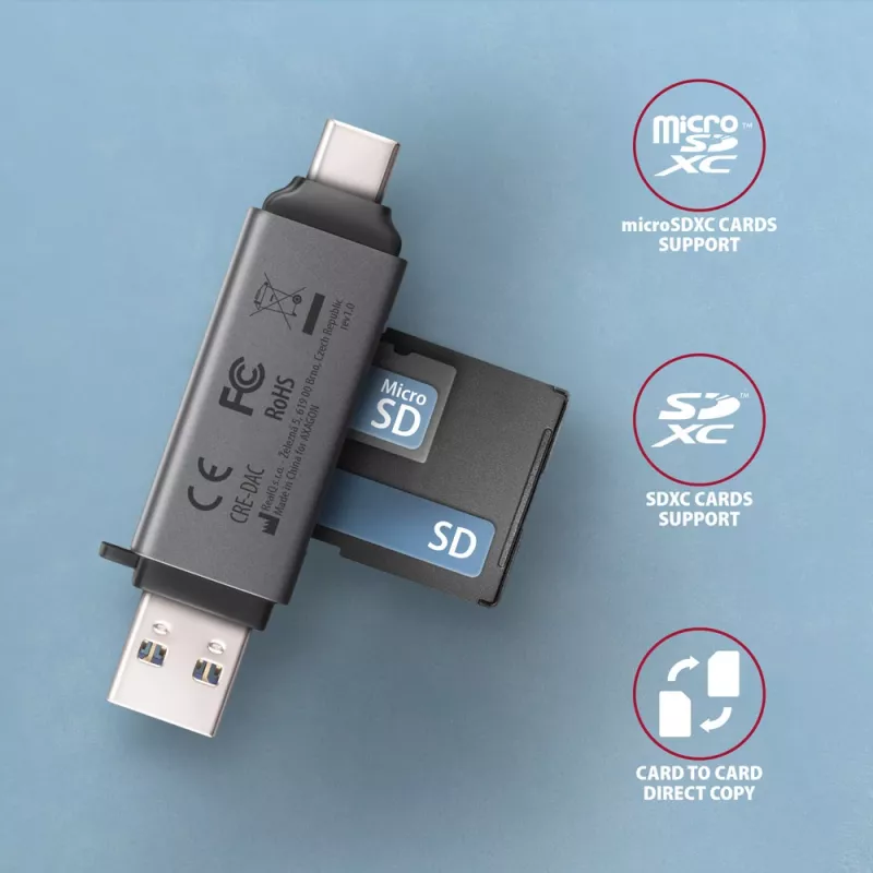 Axagon CRE-DAC USB-C+ USB-A 5 Gbps MINI 2-slot & LUN SD/microSD čítačka kariet USB 3.0 Type-A/Type-C sivá