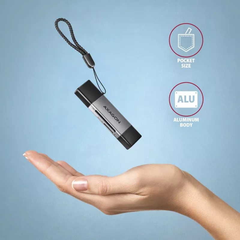 Axagon CRE-DAC USB-C+ USB-A 5 Gbps MINI 2-slot & LUN SD/microSD čítačka kariet USB 3.0 Type-A/Type-C sivá