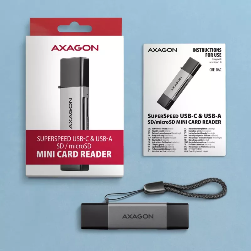 Axagon CRE-DAC USB-C+ USB-A 5 Gbps MINI 2-slot & LUN SD/microSD čítačka kariet USB 3.0 Type-A/Type-C sivá