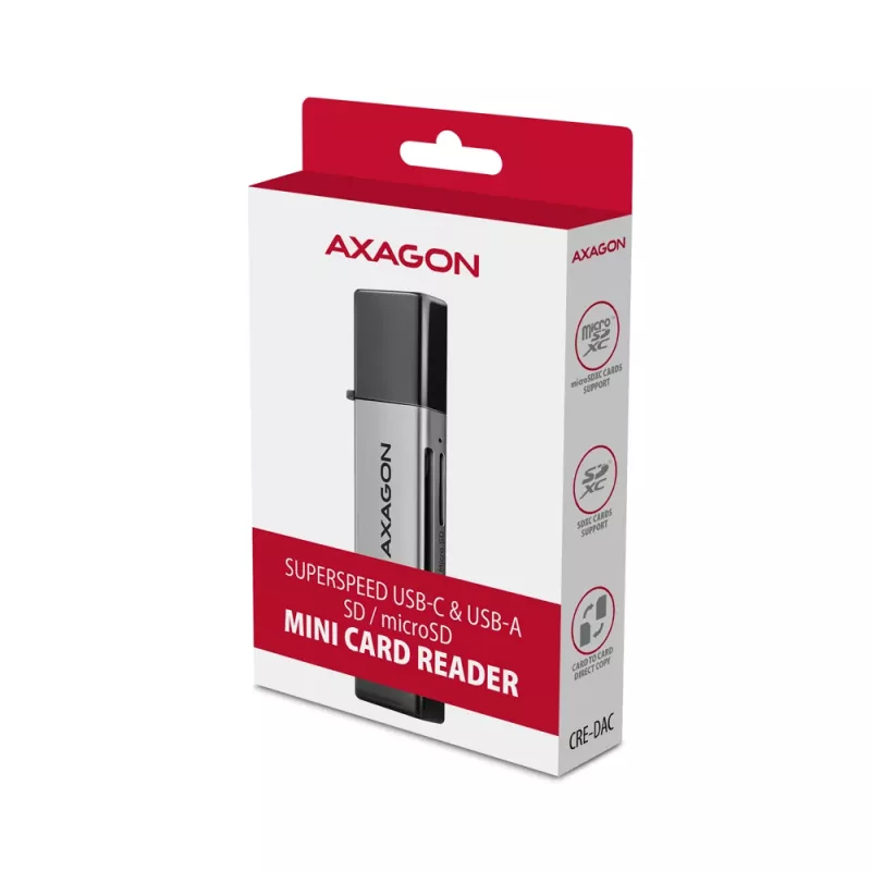 Axagon CRE-DAC USB-C+ USB-A 5 Gbps MINI 2-slot & LUN SD/microSD čítačka kariet USB 3.0 Type-A/Type-C sivá