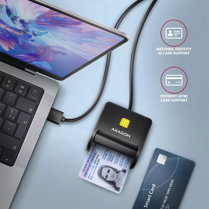 Axagon CRE-SM3N USB-A čítačka smart/ID kariet, USB 2.0, 1,3 m, čierna, 57 g