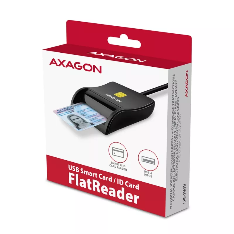 Axagon CRE-SM3N USB-A čítačka smart/ID kariet, USB 2.0, 1,3 m, čierna, 57 g
