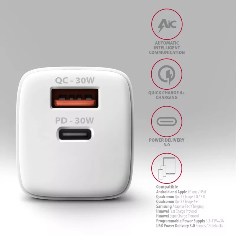 Nabíjačka Axagon ACU-PQ30W QC3.0 30W USB-C biela