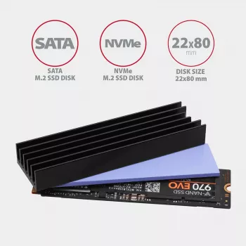 Axagon CLR-M2L10 Pasívny hliníkový chladič pre všetky M.2 SSD, veľkosť 2280, 10 mm vysoký.