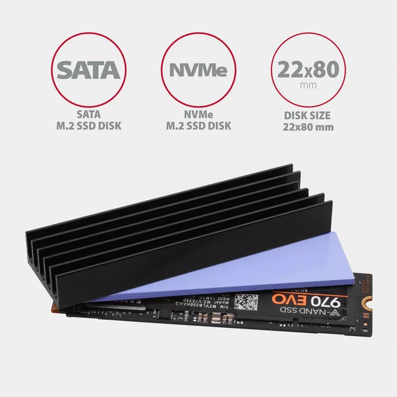 Axagon CLR-M2L10 Pasívny hliníkový chladič pre všetky M.2 SSD, veľkosť 2280, 10 mm vysoký.