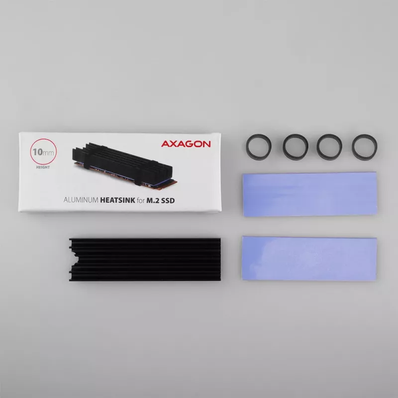 Axagon CLR-M2L10 Pasívny hliníkový chladič pre všetky M.2 SSD, veľkosť 2280, 10 mm vysoký.