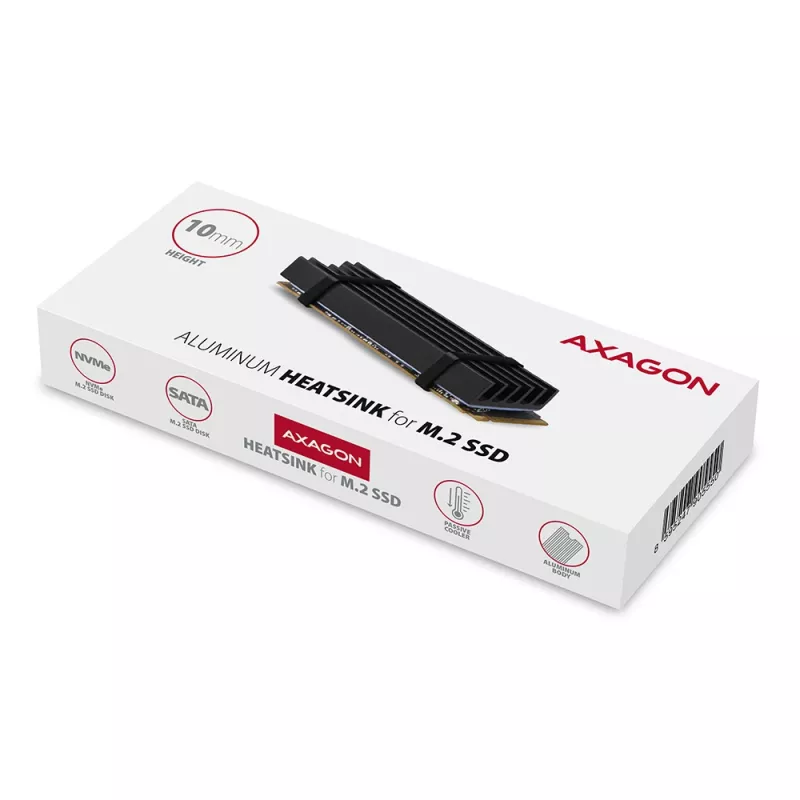 Axagon CLR-M2L10 Pasívny hliníkový chladič pre všetky M.2 SSD, veľkosť 2280, 10 mm vysoký.