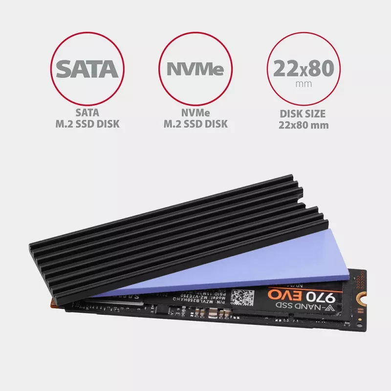 Axagon CLR-M2L3 Pasívny hliníkový chladič pre všetky M.2 SSD, veľkosť 2280, výška 3 mm
