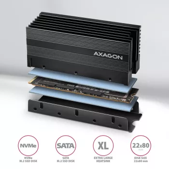 Axagon CLR-M2XL Pasívny hliníkový chladič pre jednostranné a obojstranné M.2 SSD disky, veľkosť 2280, výška 36 mm