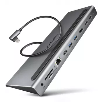 Dokovacia stanica Axagon HMC-4KX3 USB-C 5Gbps hub, 3x USB-A, 2x HDMI, DP, RJ-45, SD/microSD, audio, PD 100W, kábel 40cm