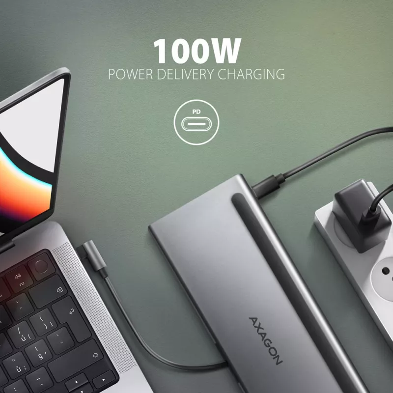 Dokovacia stanica Axagon HMC-4KX3 USB-C 5Gbps hub, 3x USB-A, 2x HDMI, DP, RJ-45, SD/microSD, audio, PD 100W, kábel 40cm