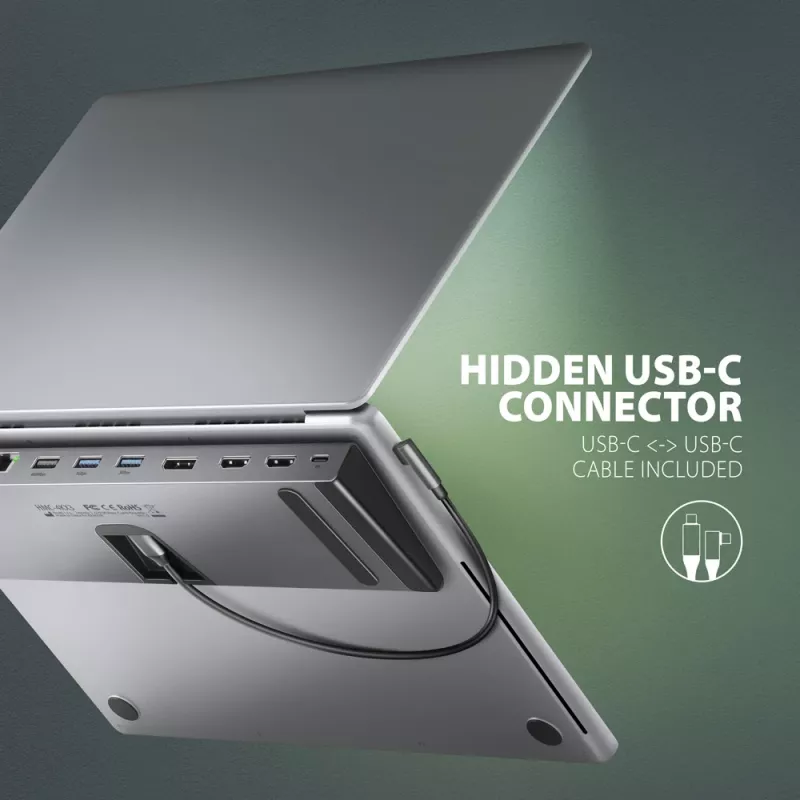 Dokovacia stanica Axagon HMC-4KX3 USB-C 5Gbps hub, 3x USB-A, 2x HDMI, DP, RJ-45, SD/microSD, audio, PD 100W, kábel 40cm