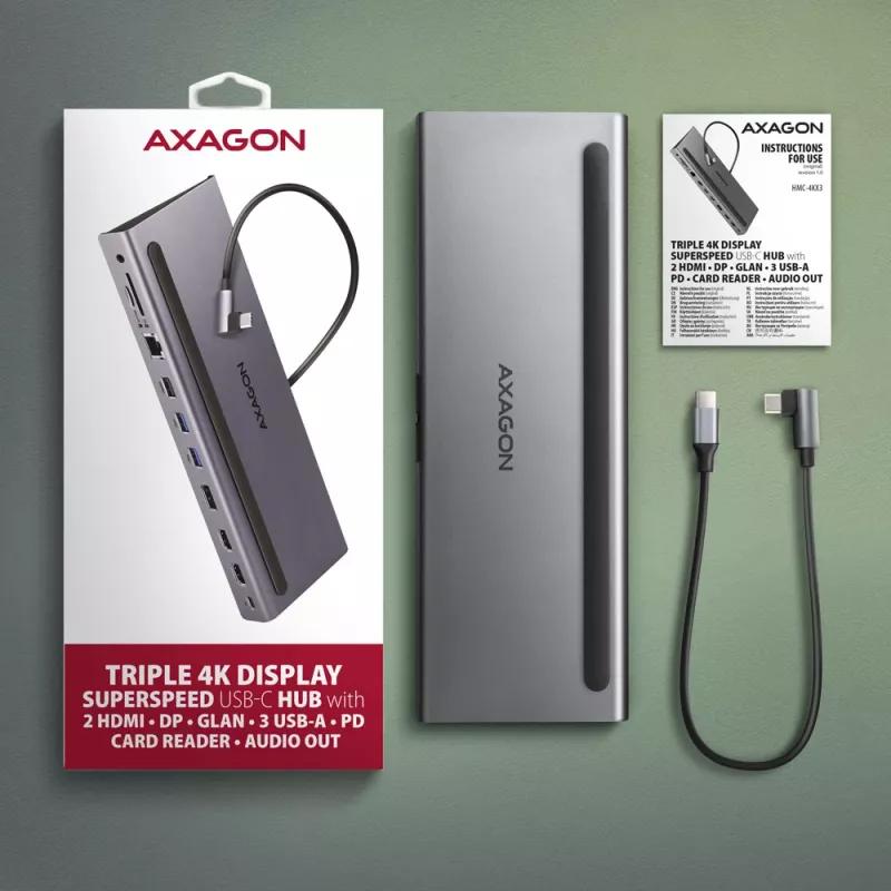 Dokovacia stanica Axagon HMC-4KX3 USB-C 5Gbps hub, 3x USB-A, 2x HDMI, DP, RJ-45, SD/microSD, audio, PD 100W, kábel 40cm