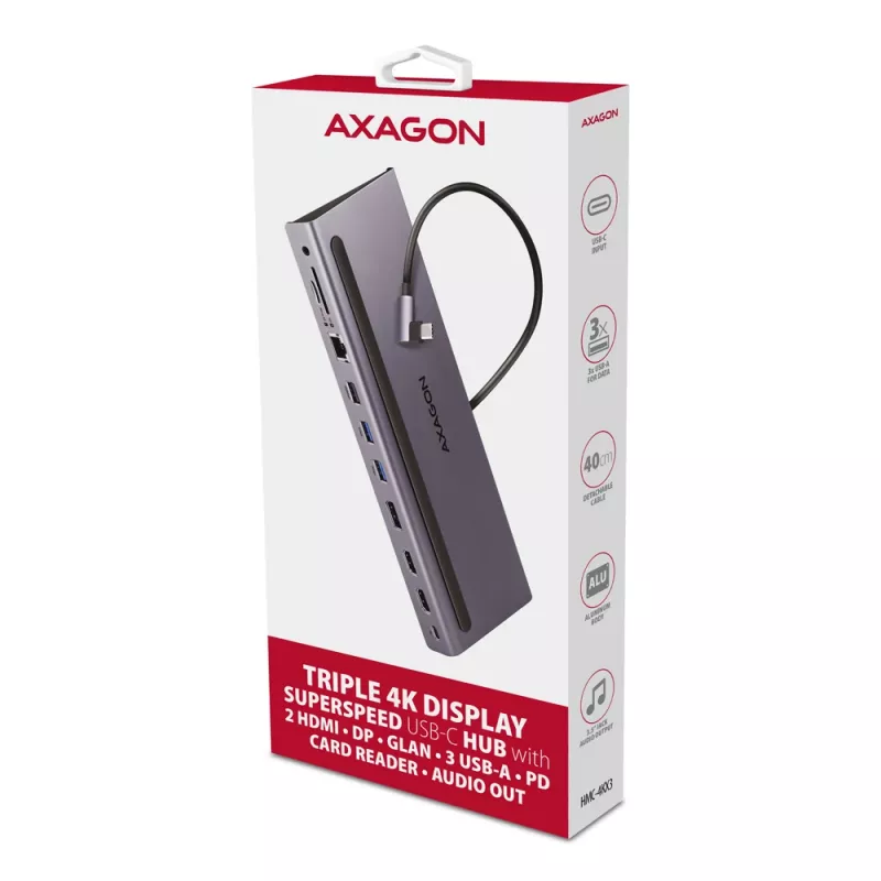 Dokovacia stanica Axagon HMC-4KX3 USB-C 5Gbps hub, 3x USB-A, 2x HDMI, DP, RJ-45, SD/microSD, audio, PD 100W, kábel 40cm