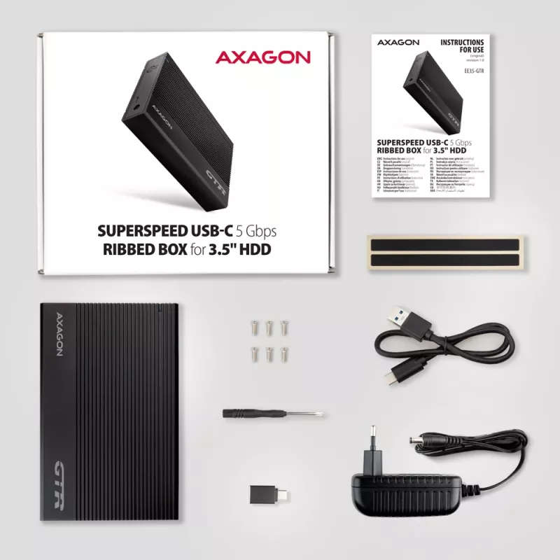 Axagon EE35-GTR USB-C 5Gbps - SATA 6G, 3.5 RIBBED box BLACK - USB Type-C puzdro na HDD 3,5 palca