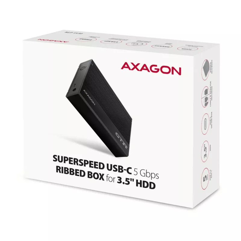 Axagon EE35-GTR USB-C 5Gbps - SATA 6G, 3.5 RIBBED box BLACK - USB Type-C puzdro na HDD 3,5 palca