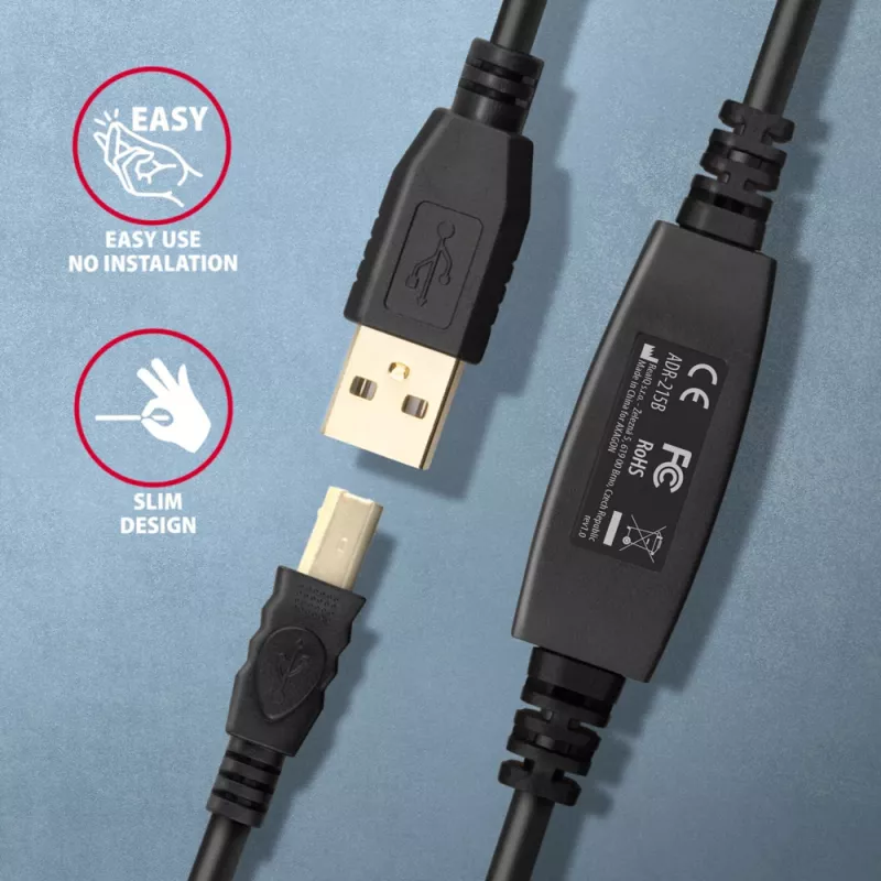 Axagon ADR-215B USB 2.0 A-M -> B-M aktívny prepojovací/repeater kábel 15 m