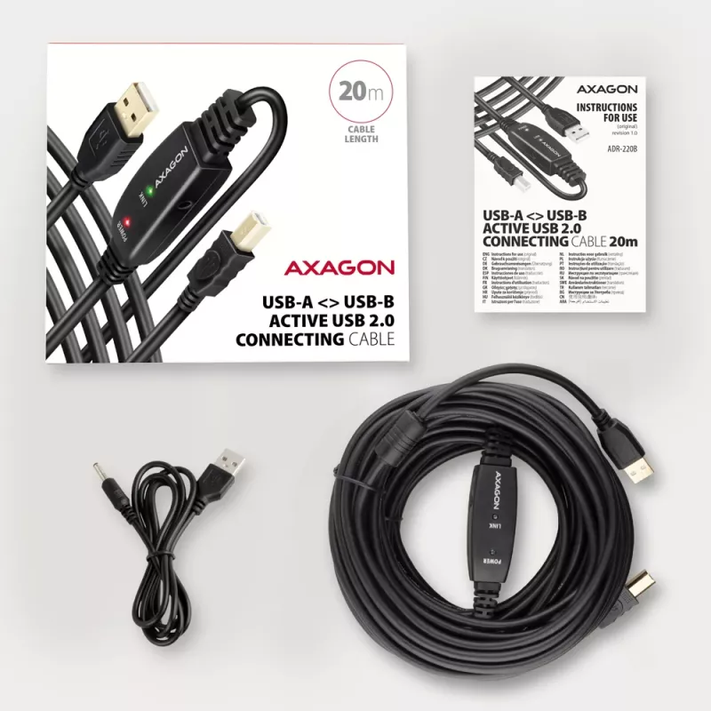 Axagon ADR-220B aktívny USB 2.0 A-M -> B-M prepojovací/repeater kábel 20 m