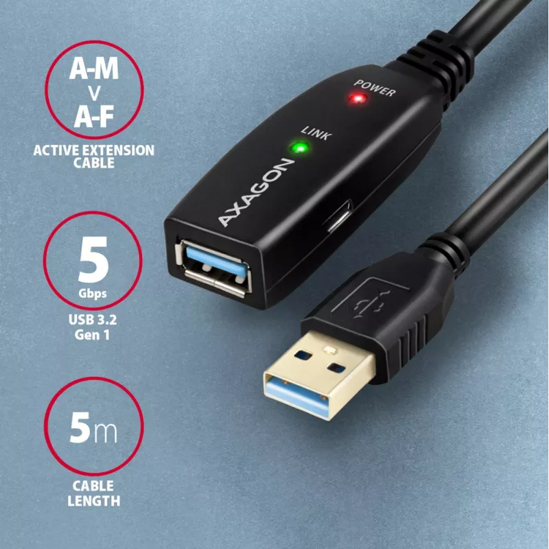 Axagon ADR-305 USB 3.2 Gen 1 A-M -> A-F aktívny predlžovací/repeater kábel 5 m