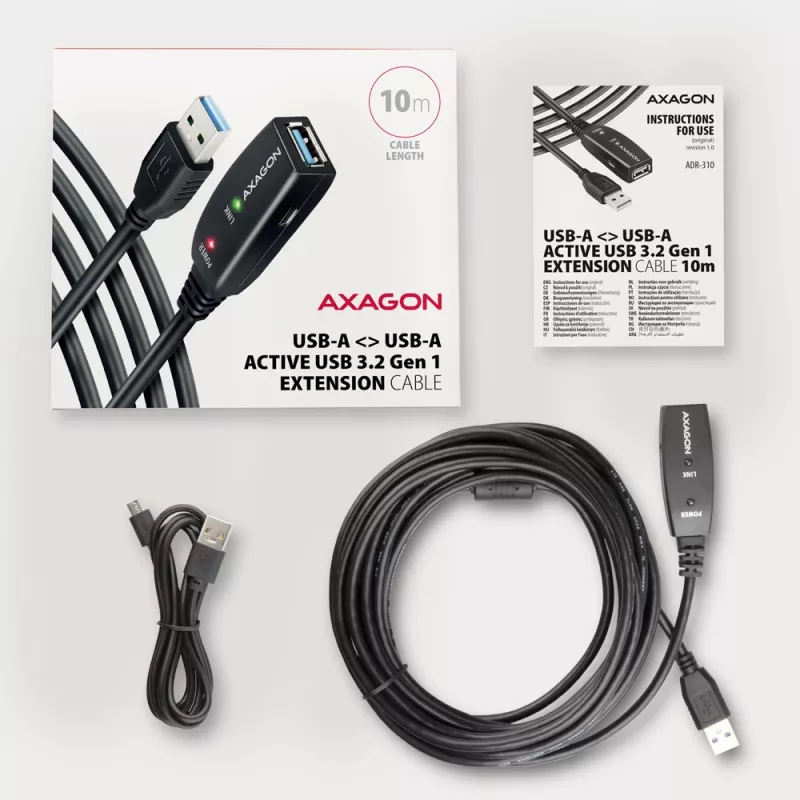 Axagon ADR-310 USB 3.2 Gen 1 A-M -> A-F aktívny predlžovací/repeater kábel 10m