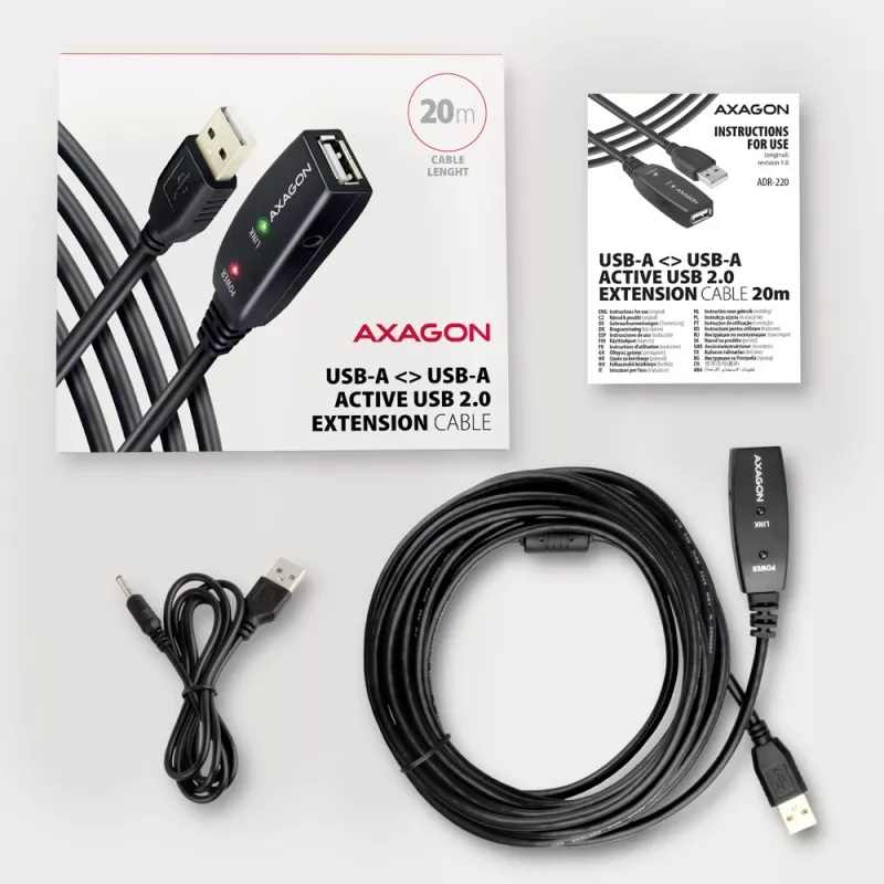 Axagon ADR-220 USB 2.0 A-M -> A-F aktívny predlžovací/repeater kábel 20 m