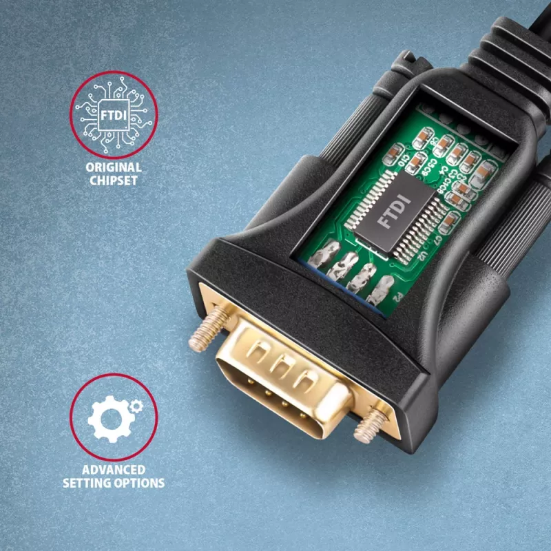 Axagon ADS-1PQN USB-A 2.0 - sériový RS-232 DB9-M FTDI adaptérový kábel