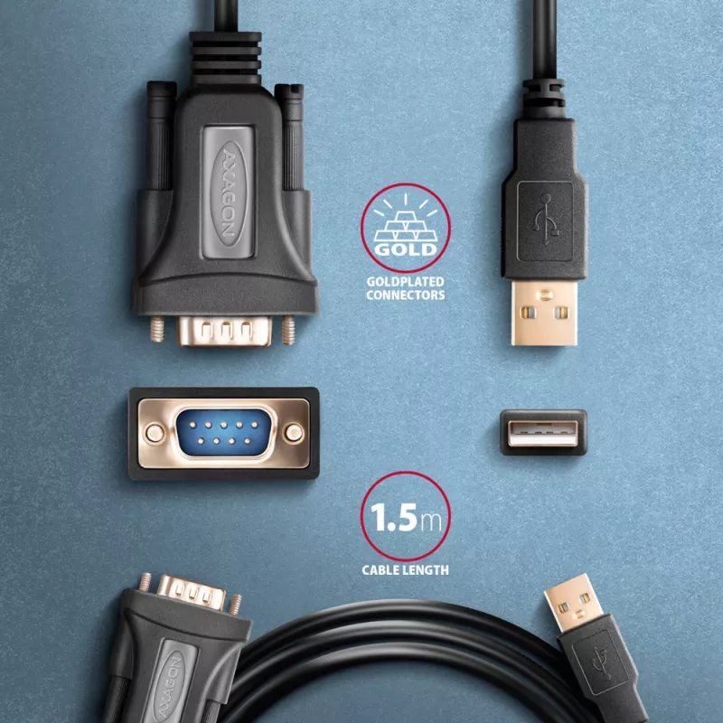 Axagon ADS-1PQN USB-A 2.0 - sériový RS-232 DB9-M FTDI adaptérový kábel