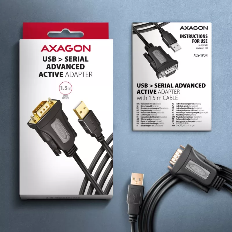 Axagon ADS-1PQN USB-A 2.0 - sériový RS-232 DB9-M FTDI adaptérový kábel