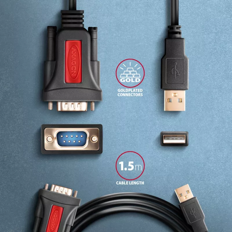 Axagon ADS-1PSN USB-A 2.0 - sériový RS-232 DB9-M Prolific adaptérový kábel 1,5 m