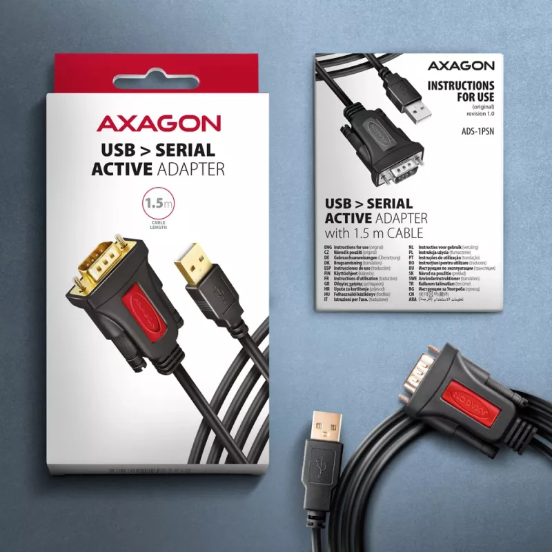 Axagon ADS-1PSN USB-A 2.0 - sériový RS-232 DB9-M Prolific adaptérový kábel 1,5 m