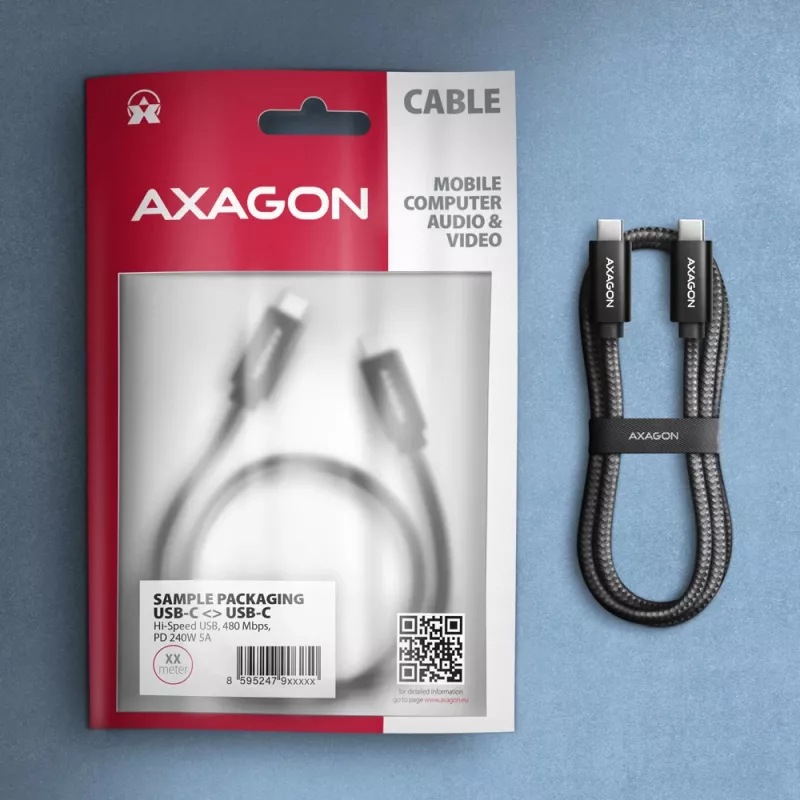Axagon BUCM2-CM15AB dátový a nabíjací USB kábel 480 Mbit/s 1,5 m, PD 240 W, 5 A, čierny pletený