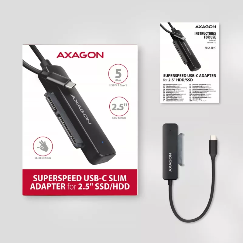 Axagon ADSA-FP2C USB-C 5Gbps - SATA 6G, 2.5 SSD/HDD SLIM adaptér - adaptér - digitálne/dátové rozširujúce karty/adaptéry
