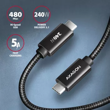 Axagon BUCM2-CM20AB dátový a nabíjací kábel USB 480 Mbit/s 2 m, PD 240 W, 5 A, čierny pletený