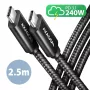 Axagon BUCM2-CM25AB dátový a nabíjací kábel USB 480Mbps 2,5 m. PD 240W, 5A. čierny pletený