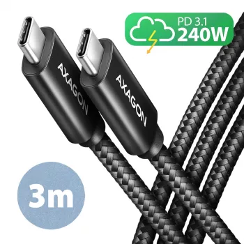 Axagon BUCM2-CM30AB dátový a nabíjací kábel USB 480Mbps 3 m. PD 240W, 5A. čierny pletený