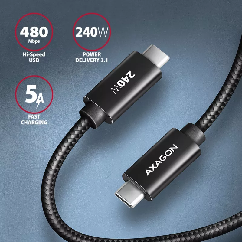 Axagon BUCM2-CM30AB dátový a nabíjací kábel USB 480Mbps 3 m. PD 240W, 5A. čierny pletený