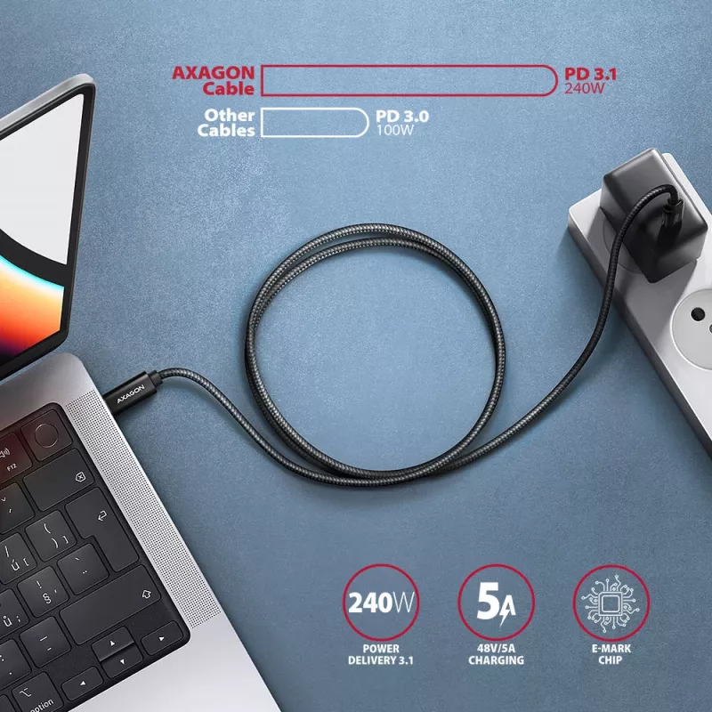 Axagon BUCM2-CM30AB dátový a nabíjací kábel USB 480Mbps 3 m. PD 240W, 5A. čierny pletený