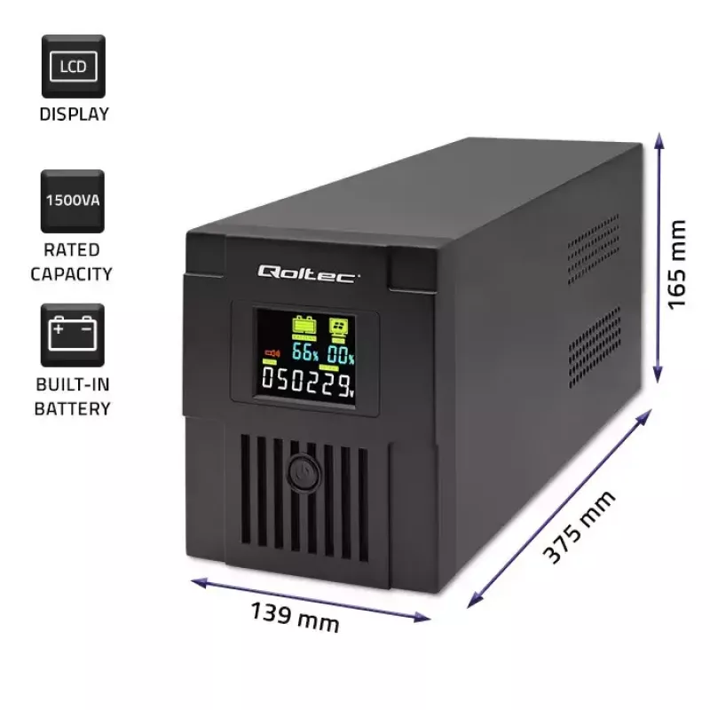 Záložný zdroj QOLTEC 53770, Line-Interactive UPS 1,5 kVA (900 W), 2 C13 výstupy, AVR, LCD, USB Type-B
