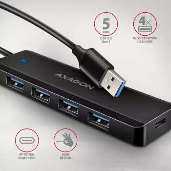Axagon HUE-C1A 4x USB 5Gbps TRAVEL hub, USB-C napájací vstup, 19 cm USB-A kábel