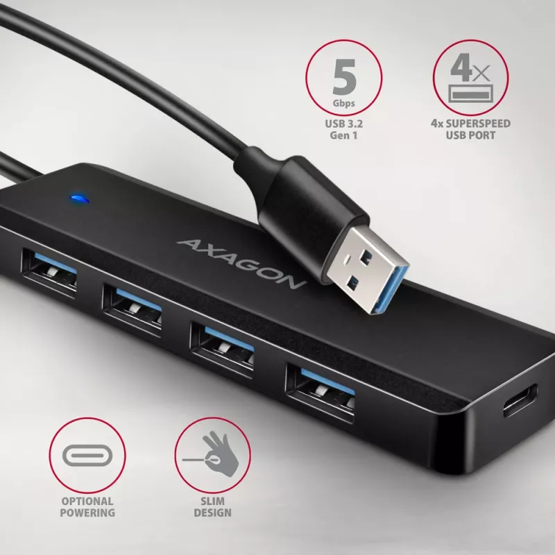 Axagon HUE-C1A 4x USB 5Gbps TRAVEL hub, USB-C napájací vstup, 19 cm USB-A kábel