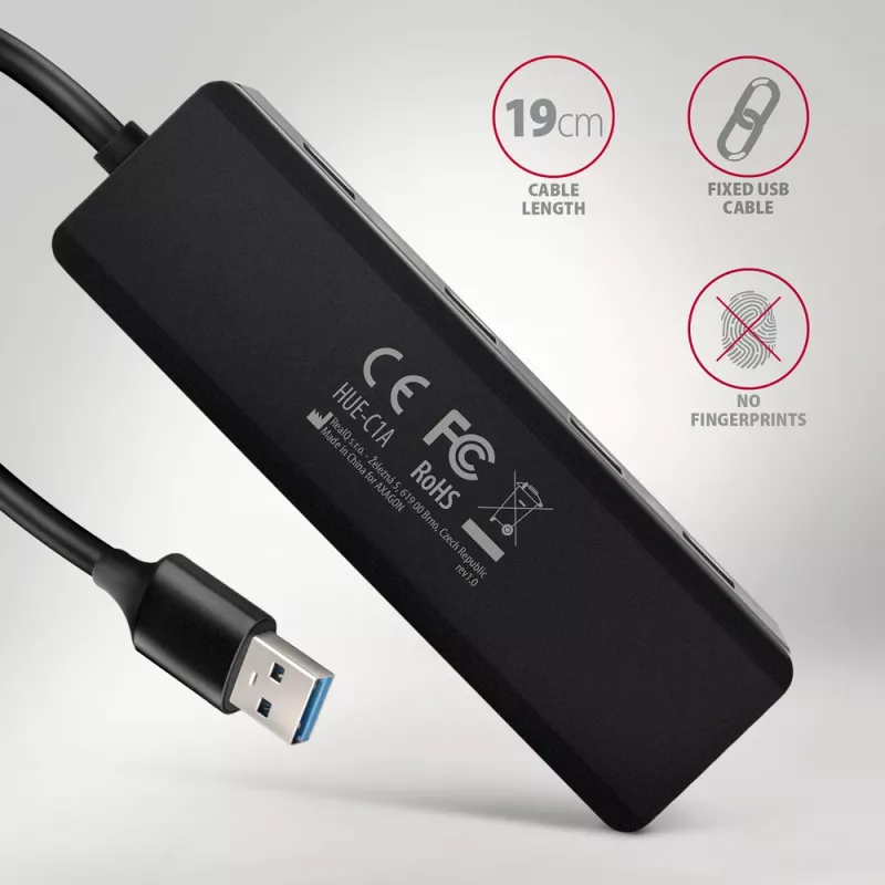 Axagon HUE-C1A 4x USB 5Gbps TRAVEL hub, USB-C napájací vstup, 19 cm USB-A kábel